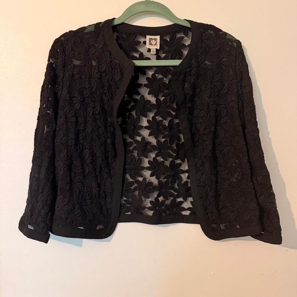 Anne Klein Sheer Lace Cropped Open Front Bolero - Black
